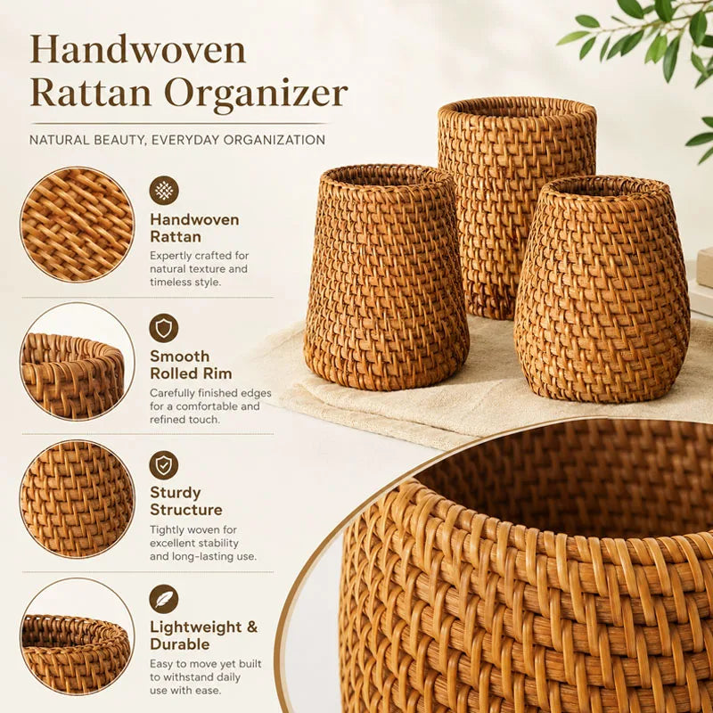 Organiseur Multifonction en Rotin Tressé – Style Bohème Naturel – Bureau, Cuisine & Salle de Bain