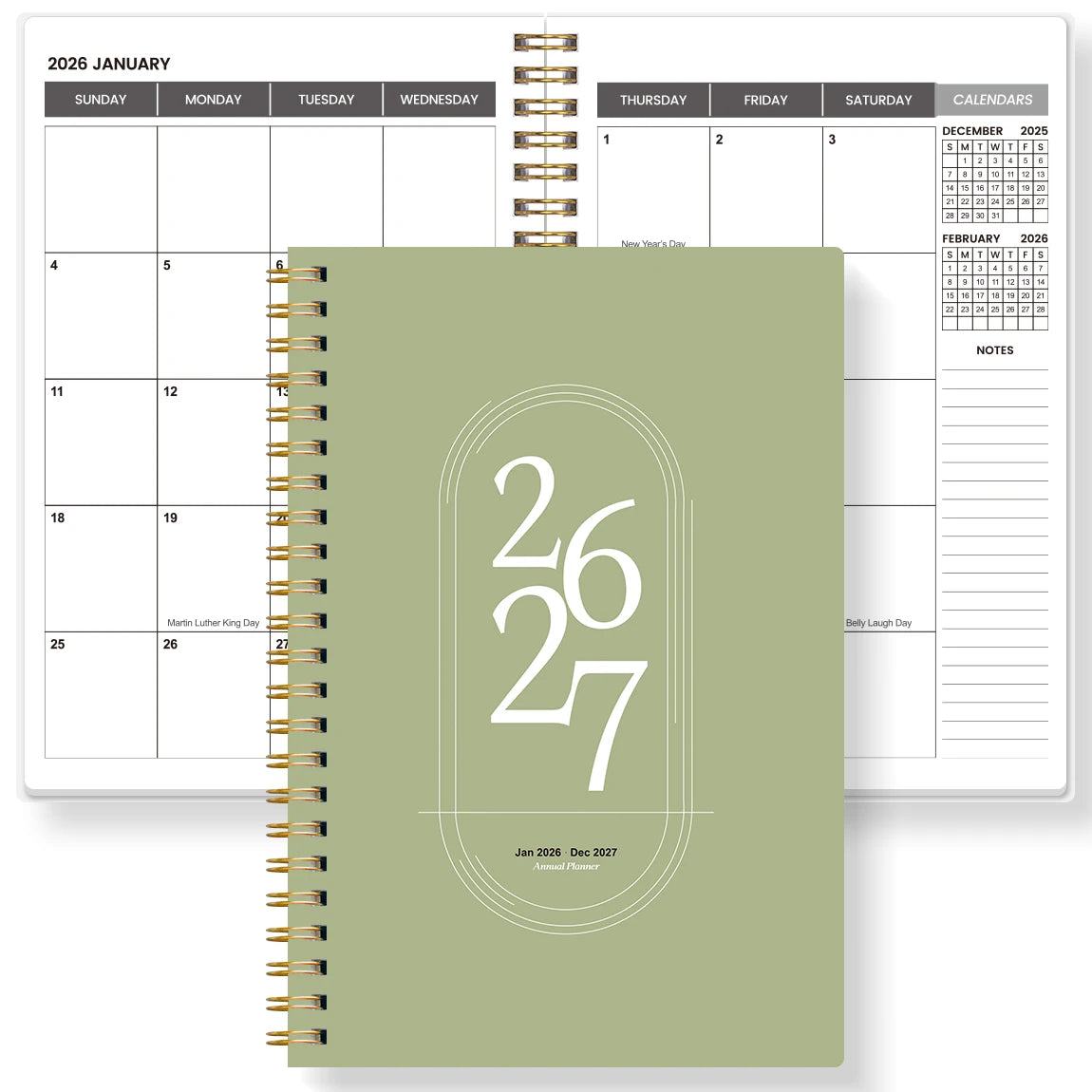 Agenda Planner A5 2026-2027 – Hebdomadaire & Mensuel, Spirale Dorée, 9 Coloris