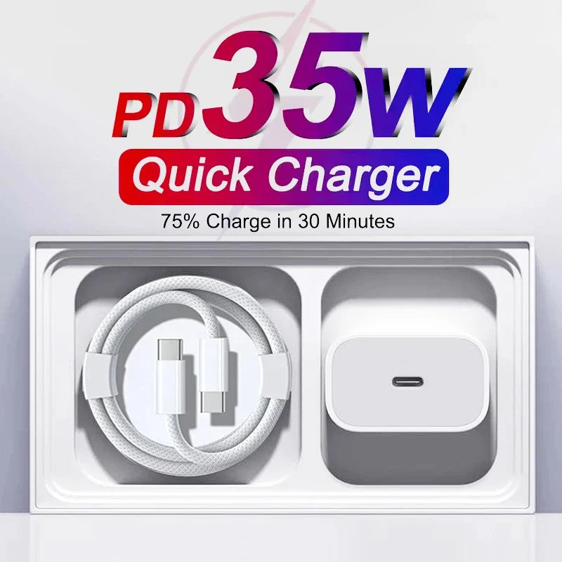 Chargeur Rapide Original PD 35W pour iPhone – USB-C, Compatible iPhone 17/16/15/14/13/12/11, Câble Tressé 1M