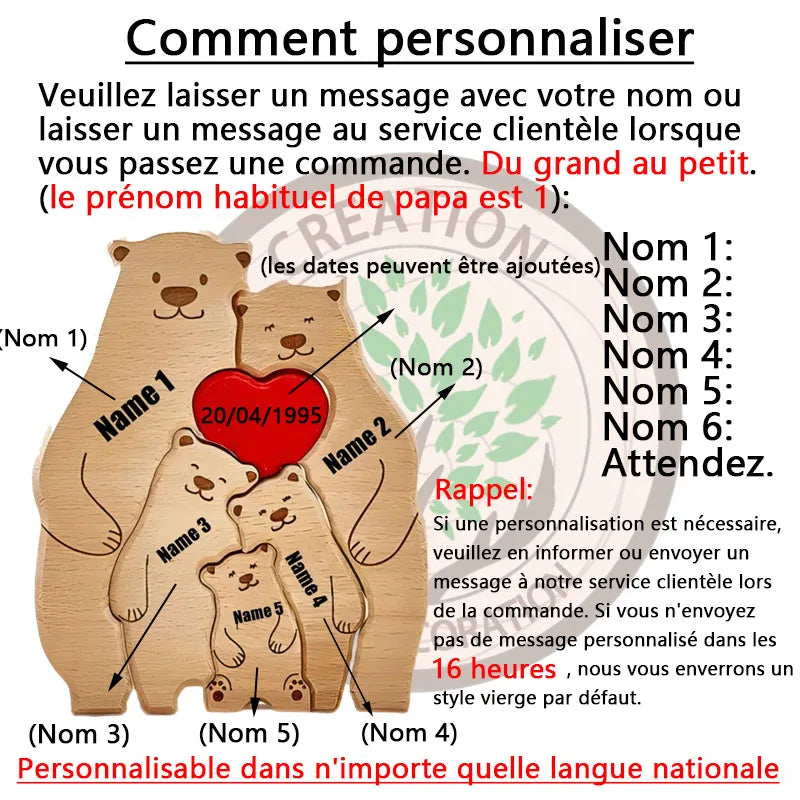 Puzzle en Bois Personnalisé Famille – Oursons avec Prénoms Gravés
