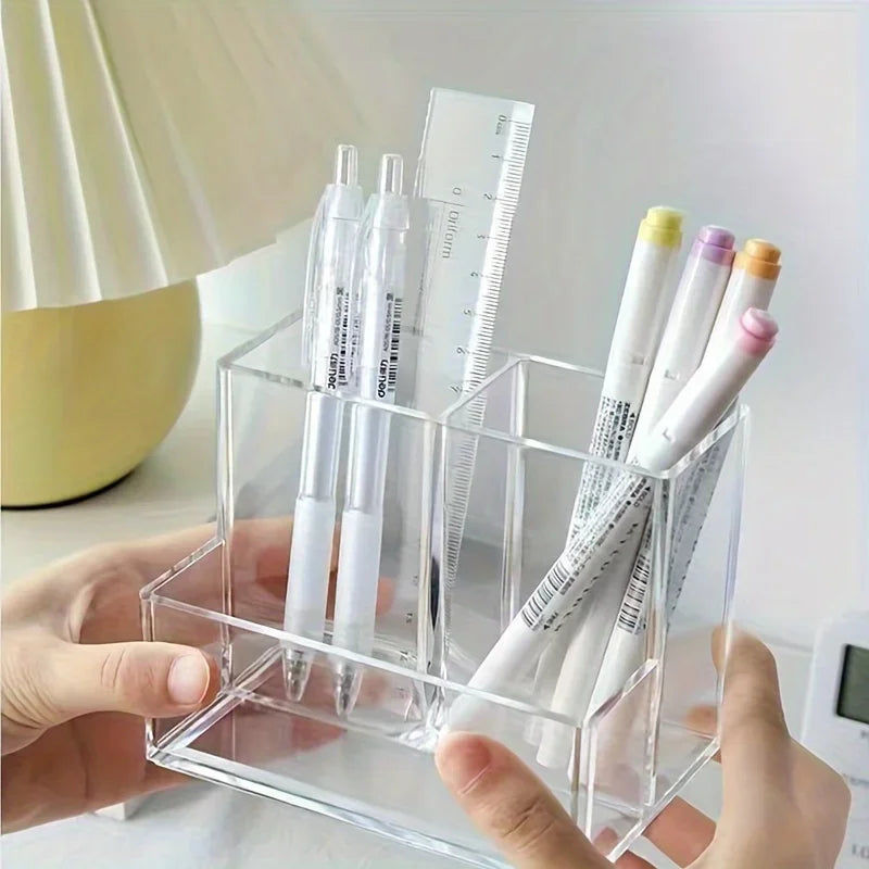 Porte-Stylo Acrylique Transparent 3 Compartiments – Organiseur Bureau Style Coréen