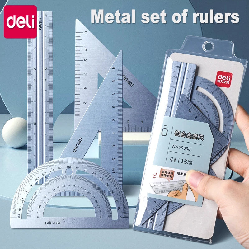 Set Règles Métal Deli – Règle Droite & Équerre, Mesure & Dessin, École & Bureau