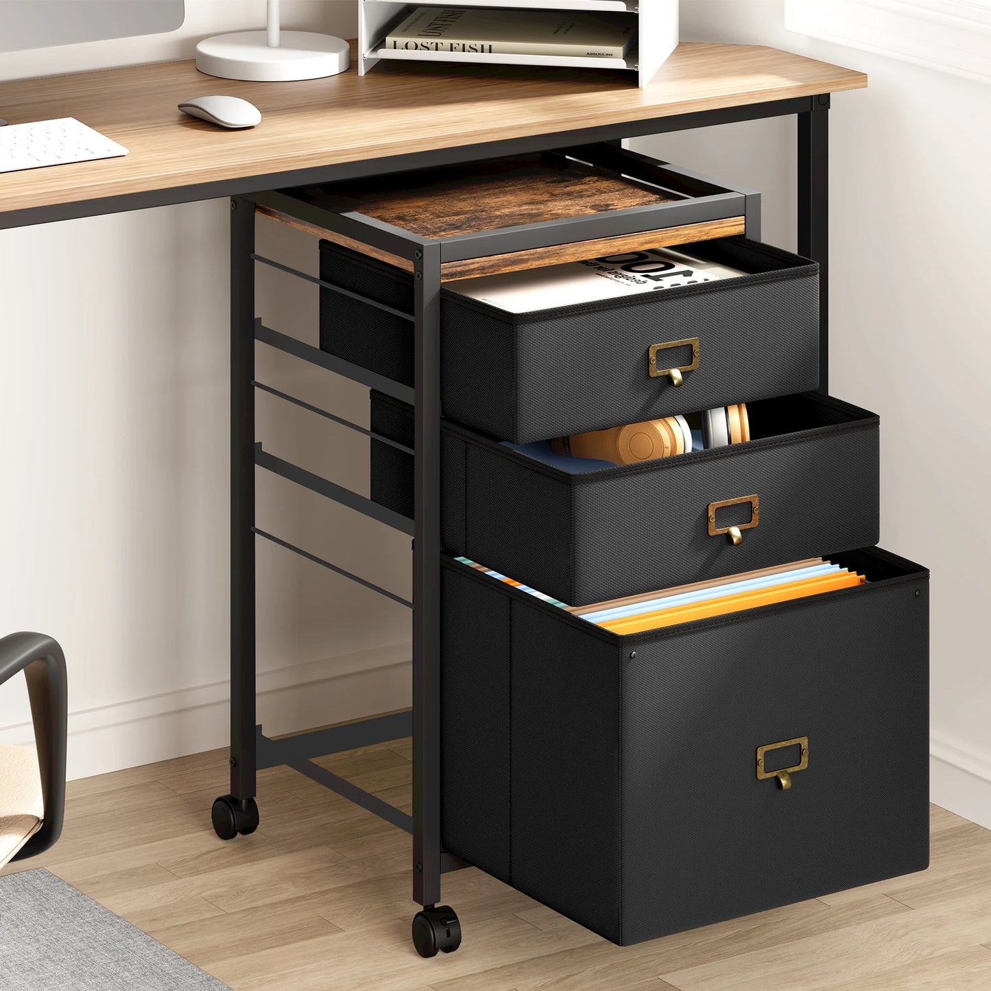 Caisson Mobile à Tiroirs en Tissu – Format A4/Lettre, Roulettes avec Frein, Rangement Bureau