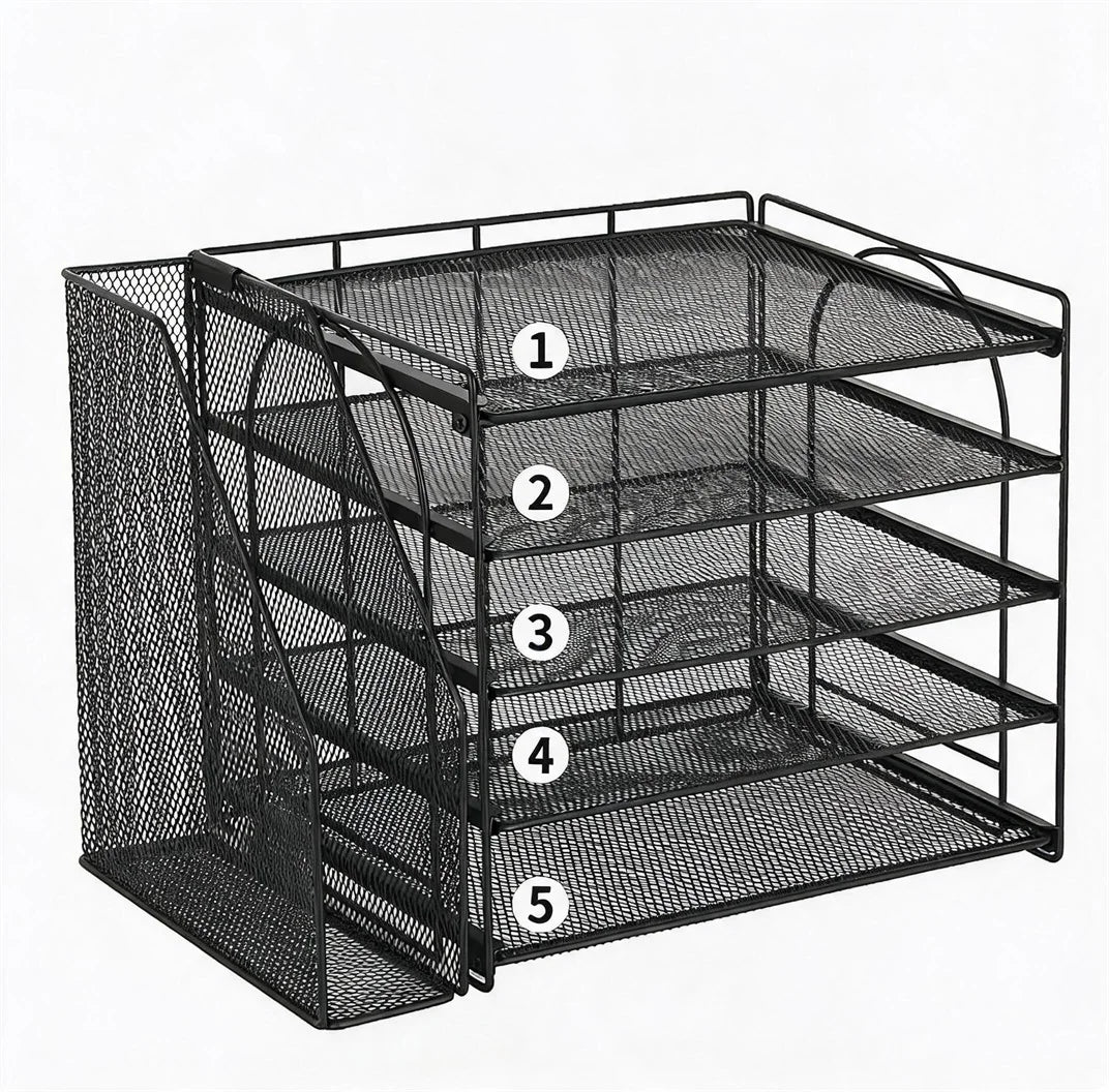 Organisateur Documents Bureau 5 Niveaux – Rangement Vertical A4, Étagères Réglables, Métal Maillé