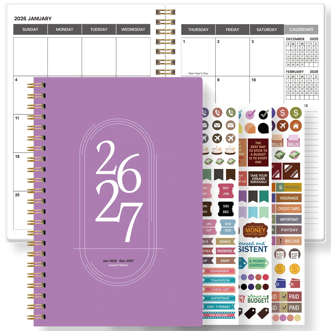 Agenda Planner A5 2026-2027 – Hebdomadaire & Mensuel, Spirale Dorée, 9 Coloris