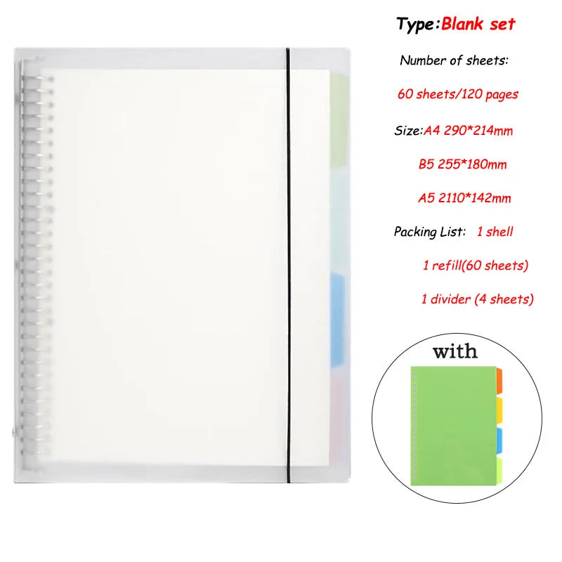 Classeur à Feuilles Mobiles A4, A5 ou B5 – 60 Feuilles – Couverture PVC – Ligné, Quadrillé, Vierge, Cornell & Anglais