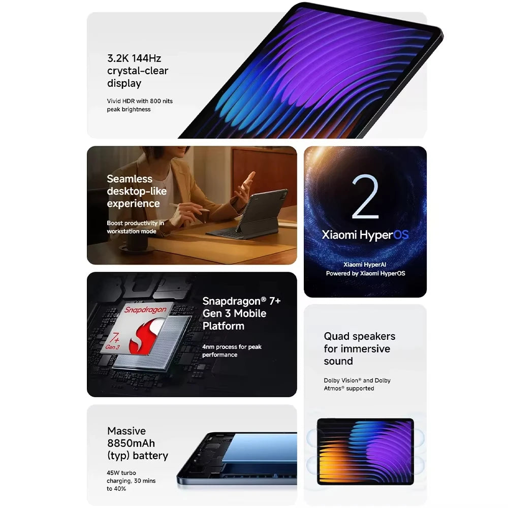 Xiaomi Pad 7 – Version Mondiale, Écran 11,2" 3.2K 144Hz, Snapdragon 7+ Gen 3, Batterie 8850mAh