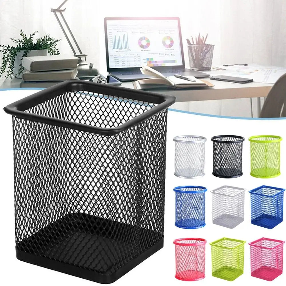 Pot à Crayons en Métal Maillé – Rond ou Carré, 5 Couleurs, Organiseur Bureau