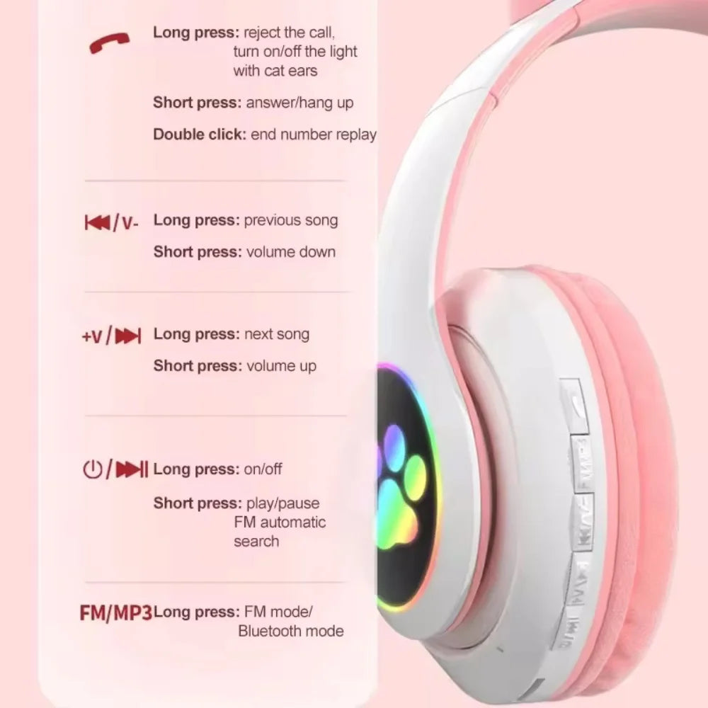 Casque Bluetooth Oreilles de Chat LED – Enfant Fille, Pliable, Sans Fil 5.0