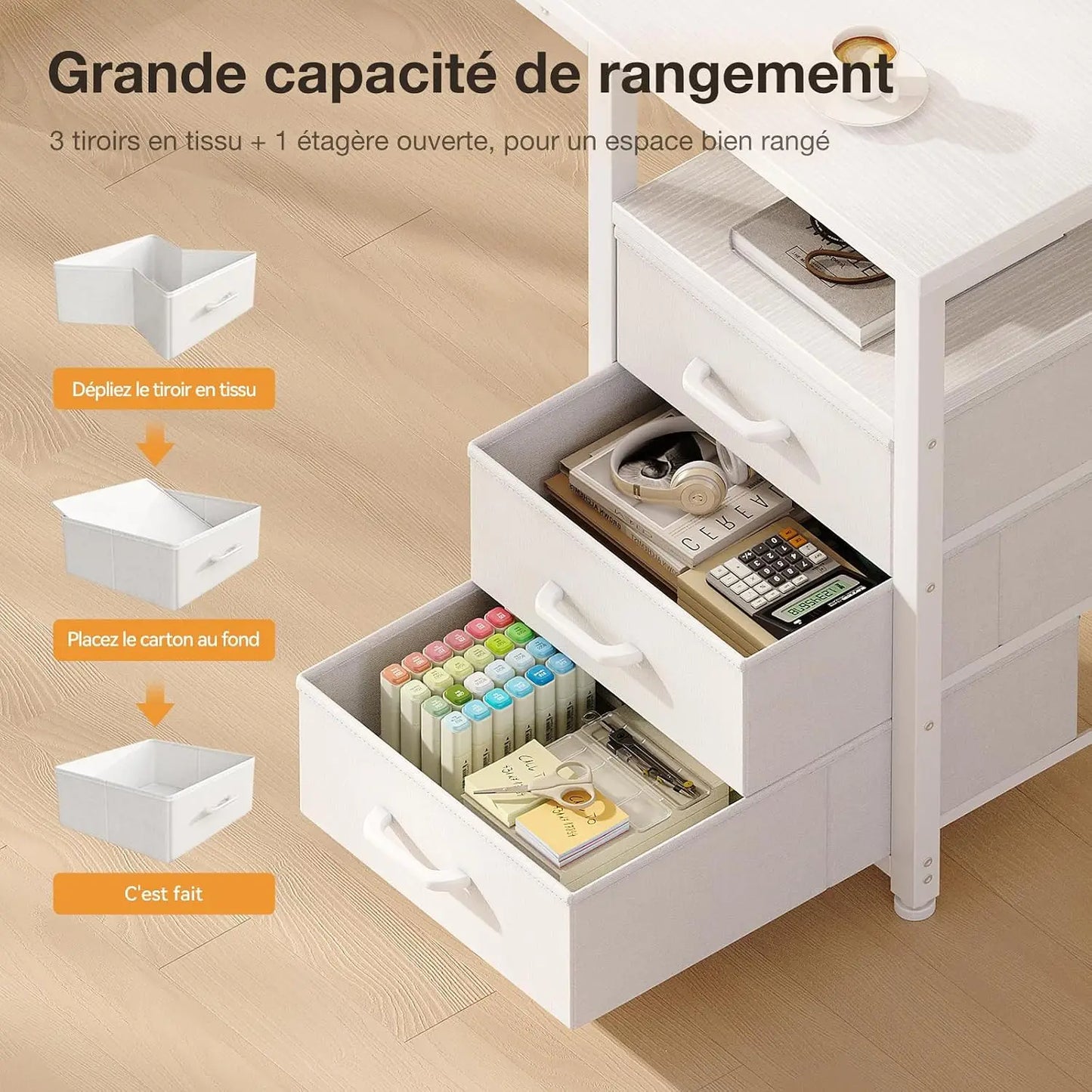 Bureau d'écriture Coleshome avec 3 tiroirs en tissu – Prises USB intégrées, 120x48x75,5 cm