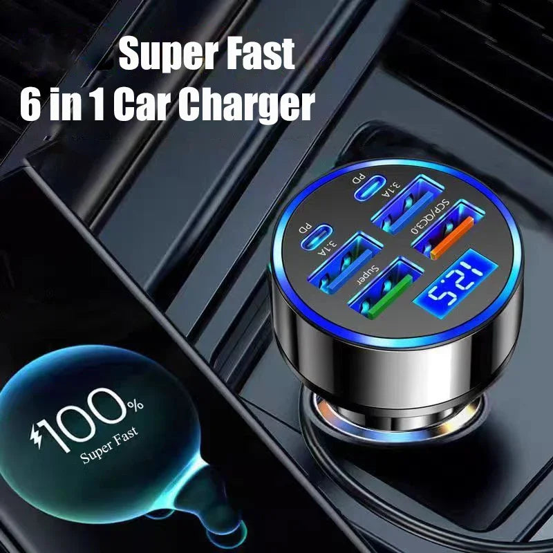 Chargeur Voiture USB-C 6-en-1 UYUXIO – Affichage Voltage, Charge Rapide, Compatible iPhone 16 & Samsung