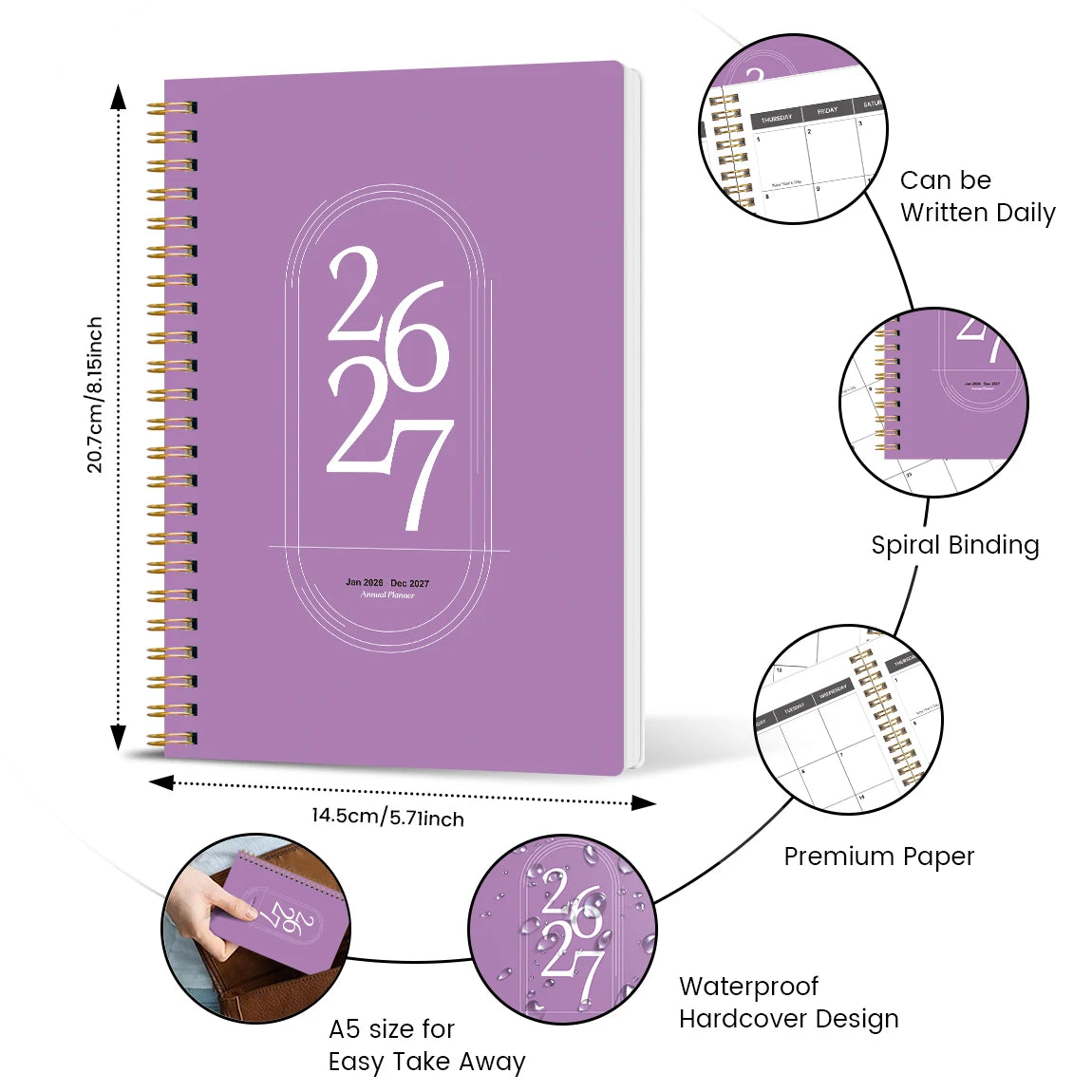Agenda Planner A5 2026-2027 – Hebdomadaire & Mensuel, Spirale Dorée, 9 Coloris