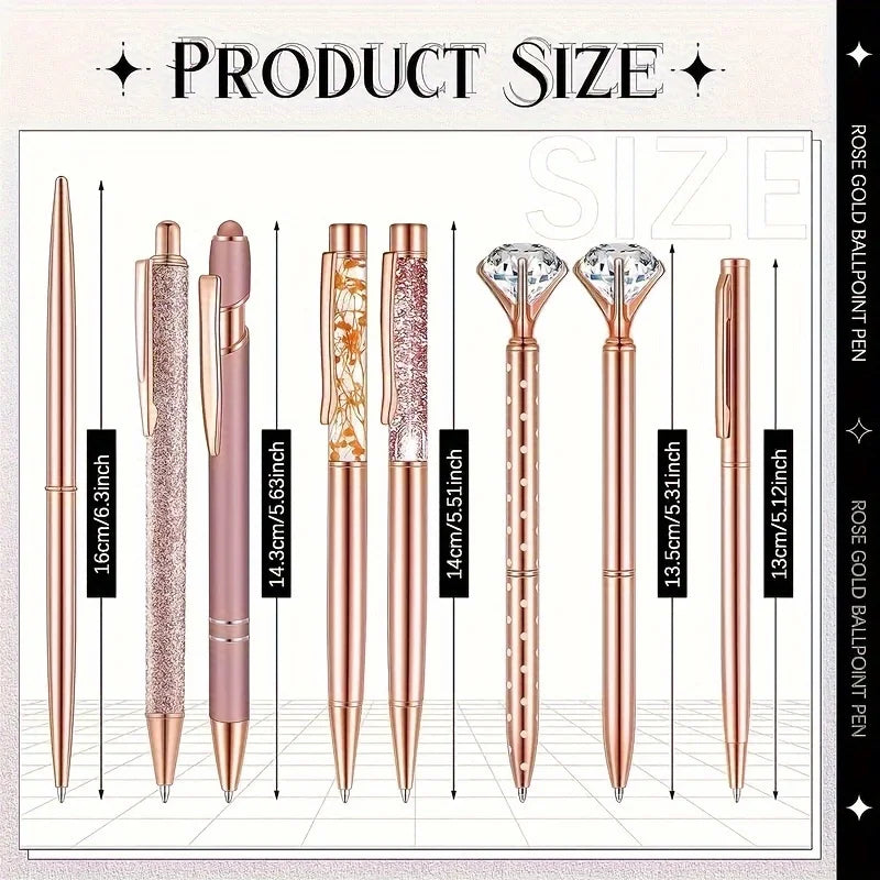 Set de 8 Stylos Bille Rose Doré & Cristal – Métal Élégant, Étudiant, Bureau & Mariage