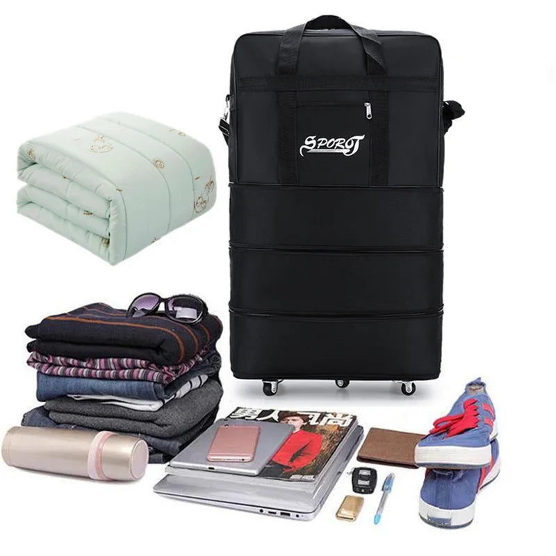 Valise Trolley Oxford Noire – Extensible, Pliable, Roulettes Spinner – Voyage Weekend