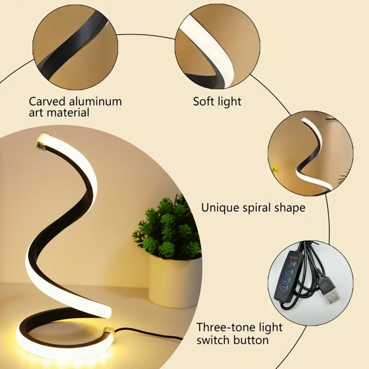 Lampe de Bureau Spirale LED Design – 3 Couleurs, USB, Décoration Moderne