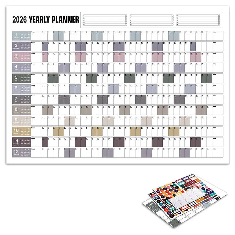 Calendrier Mural 2026 – Planificateur Annuel 365 Jours – Format Affiche – 8 Coloris