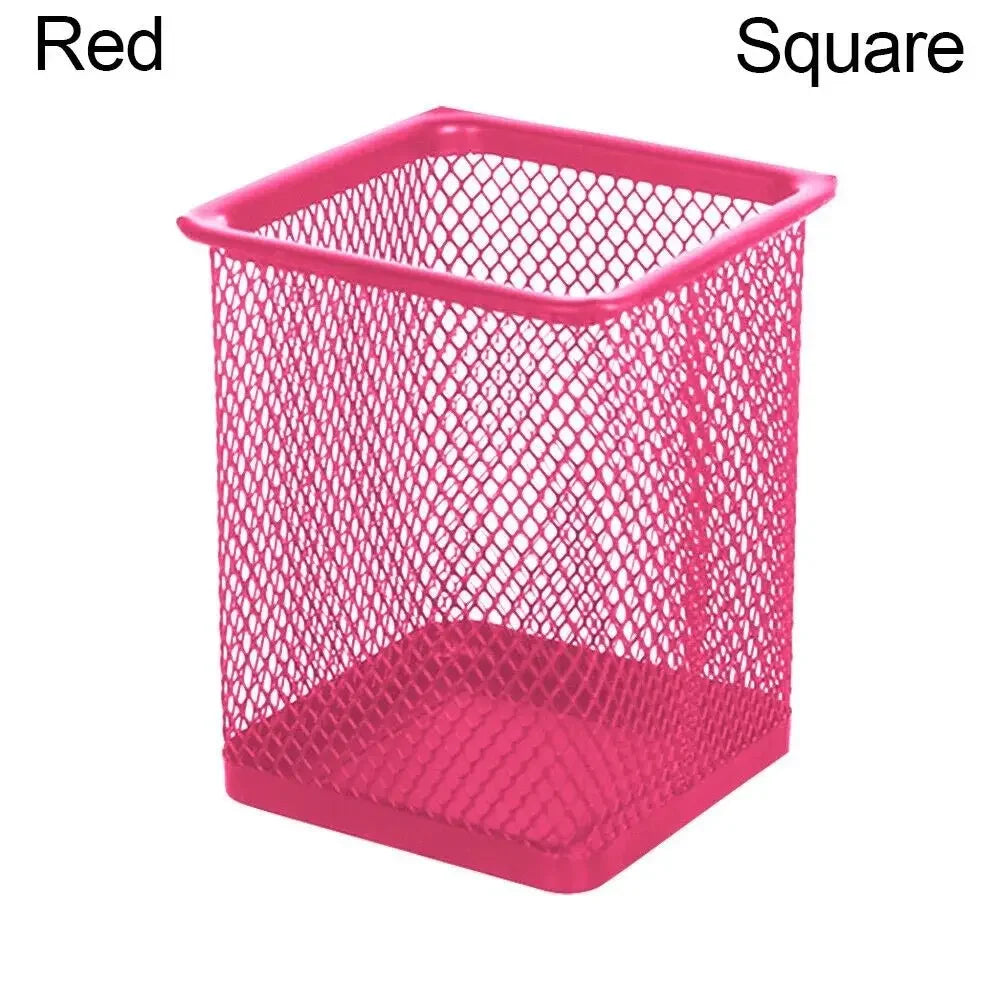 Pot à Crayons en Métal Maillé – Rond ou Carré, 5 Couleurs, Organiseur Bureau