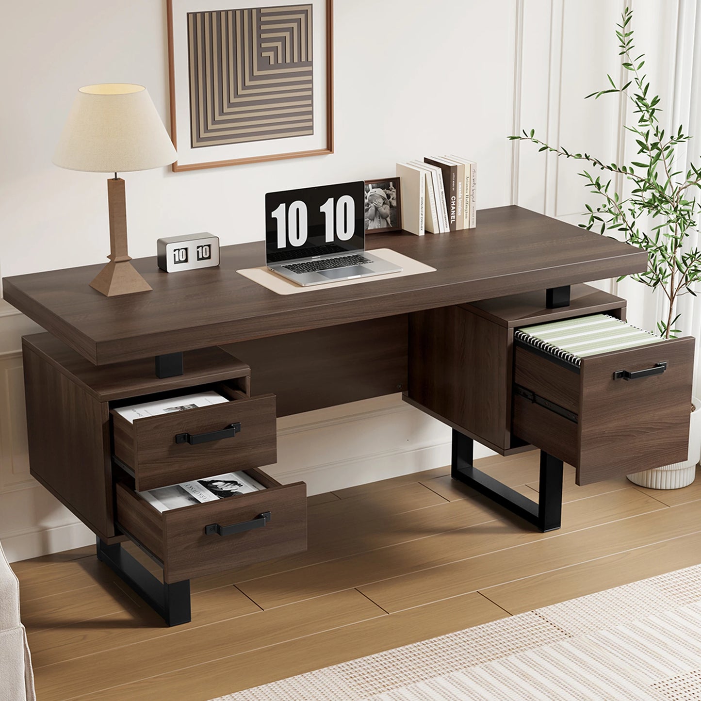 Bureau Jugacool 135x54 cm – 2 Tiroirs Silencieux, Rangement Dossiers, Style Moderne Marron