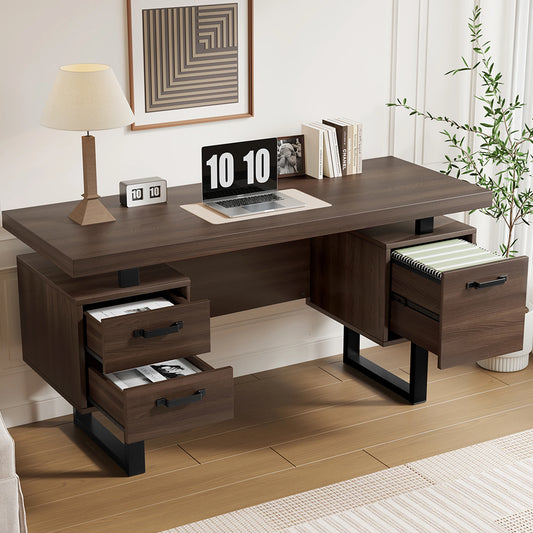 Bureau Jugacool 135x54 cm – 2 Tiroirs Silencieux, Rangement Dossiers, Style Moderne Marron