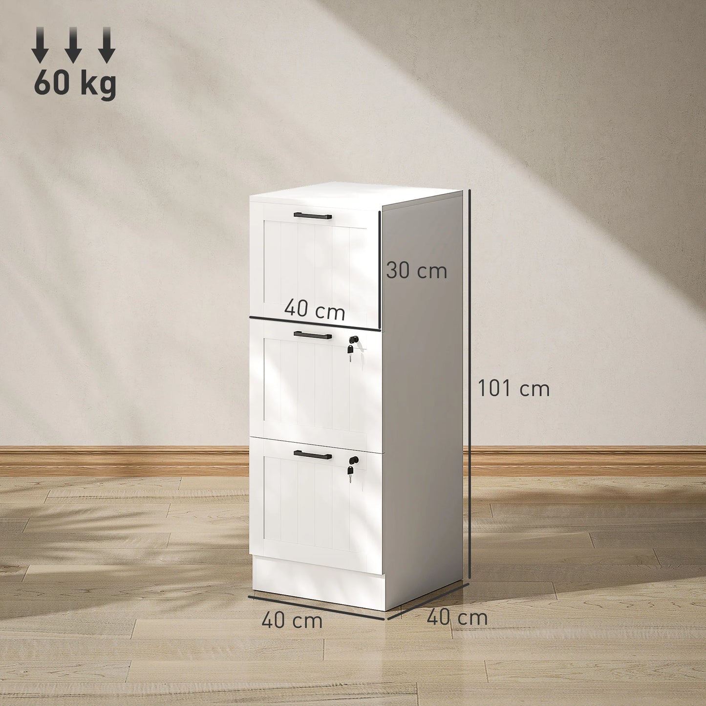 Caisson de Bureau HOMCOM 3 Tiroirs avec Serrures – Classeur A4, Support Imprimante, 40x40x101 cm Blanc