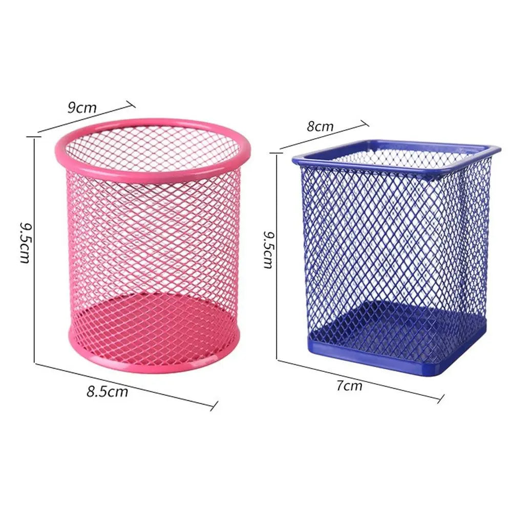 Pot à Crayons en Métal Maillé – Rond ou Carré, 5 Couleurs, Organiseur Bureau