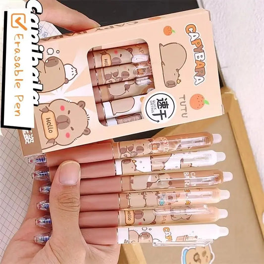 Lot de 6 Stylos Gel Effaçables Capybara – 0,5 mm, Encre Bleue & Noire, École & Bureau