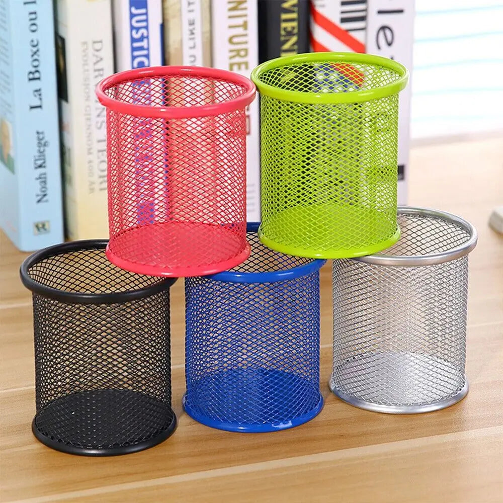 Pot à Crayons en Métal Maillé – Rond ou Carré, 5 Couleurs, Organiseur Bureau