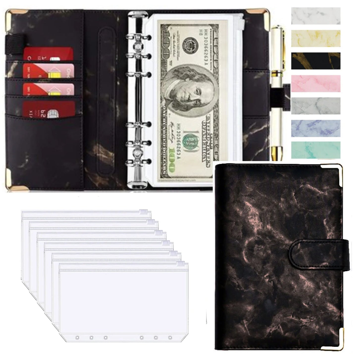 Organiseur Budget A6 en Cuir PU – Design Marbre, Pochettes & Porte-Cartes – Gestion Finances