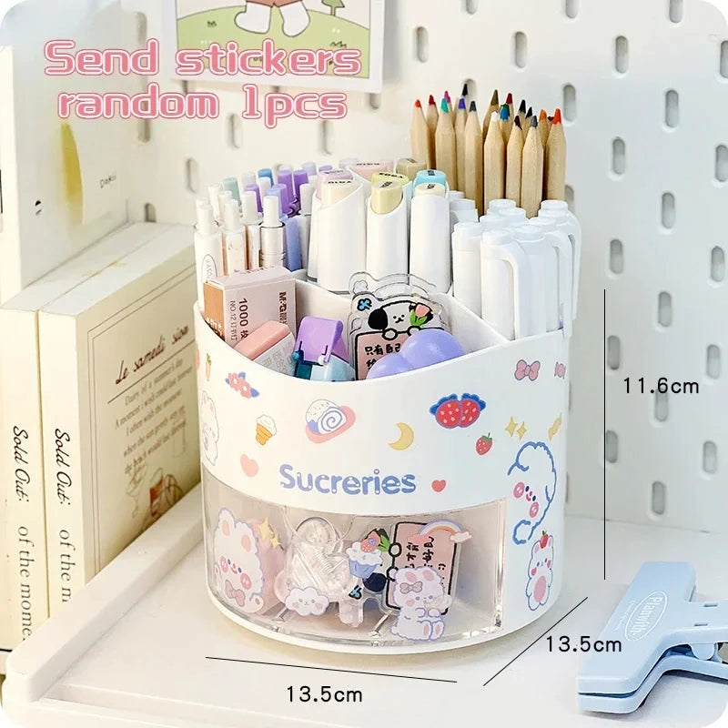 Porte-Stylos Rotatif avec Tiroir – Style Kawaii – Organiseur Bureau – 10 Coloris Pastel