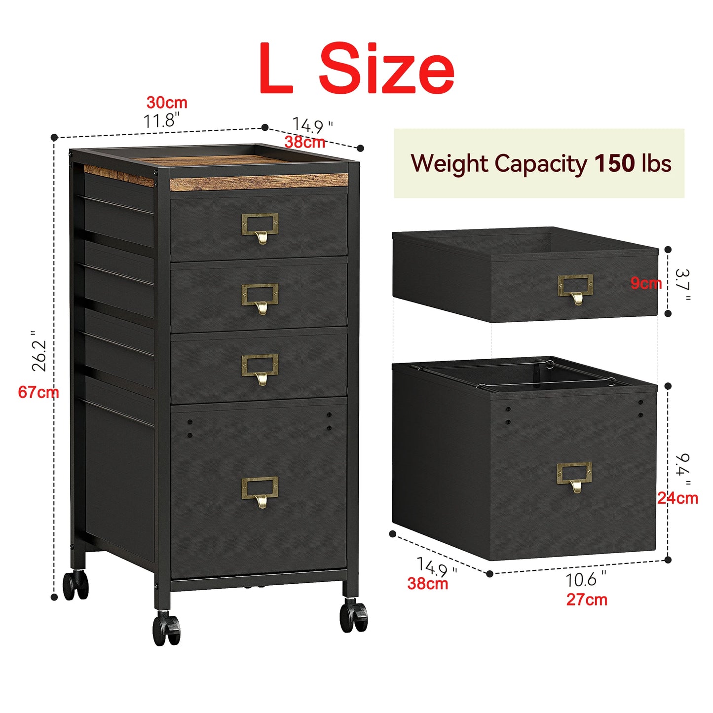 Caisson Mobile à Tiroirs en Tissu – Format A4/Lettre, Roulettes avec Frein, Rangement Bureau