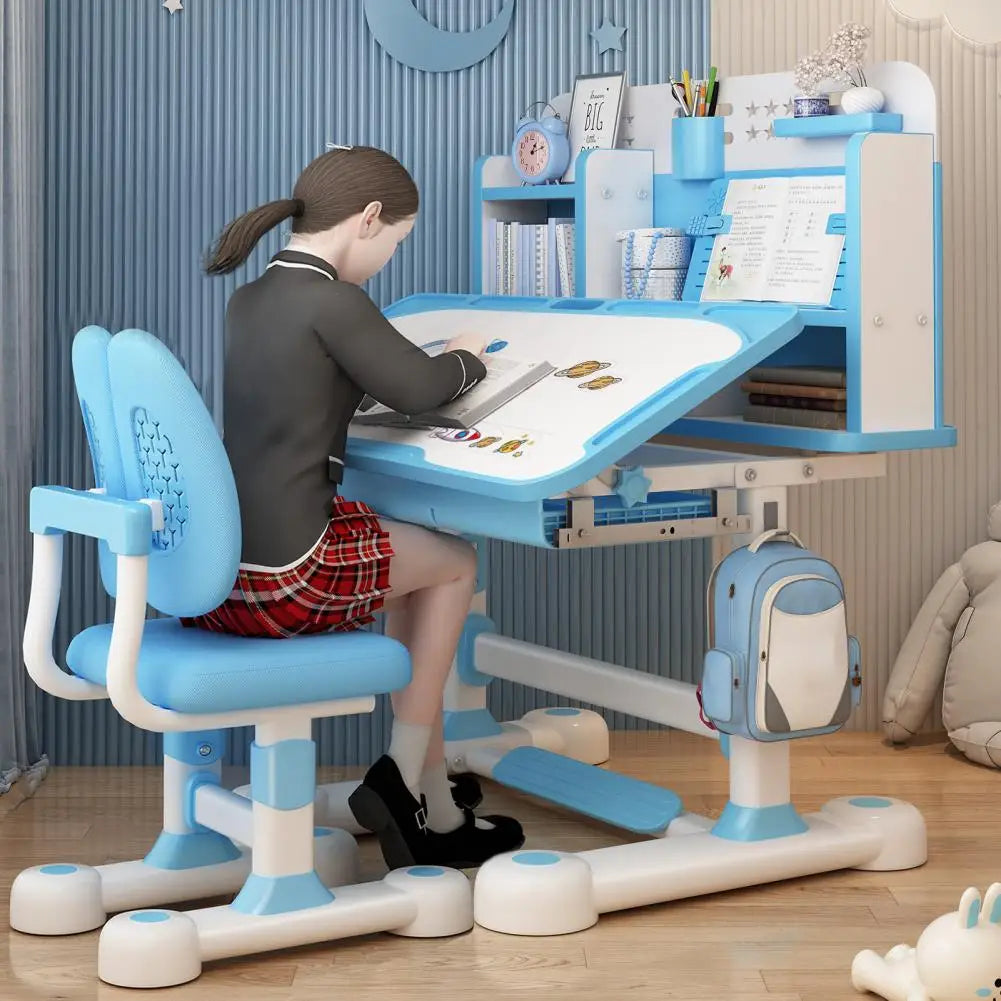 Ensemble Bureau & Chaise Enfant Réglable – Ergonomique, Porte-Livres Inclus, Bleu