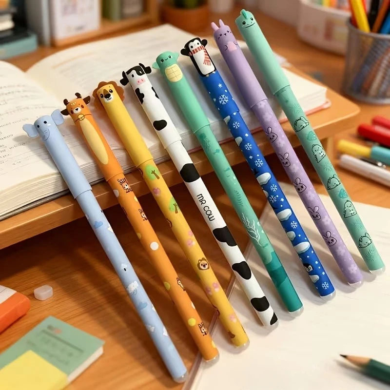 Set de 8 Stylos Gel Effaçables Animaux – Pointe Fine 0,5 mm, Kawaii, Prise de Notes & Écriture