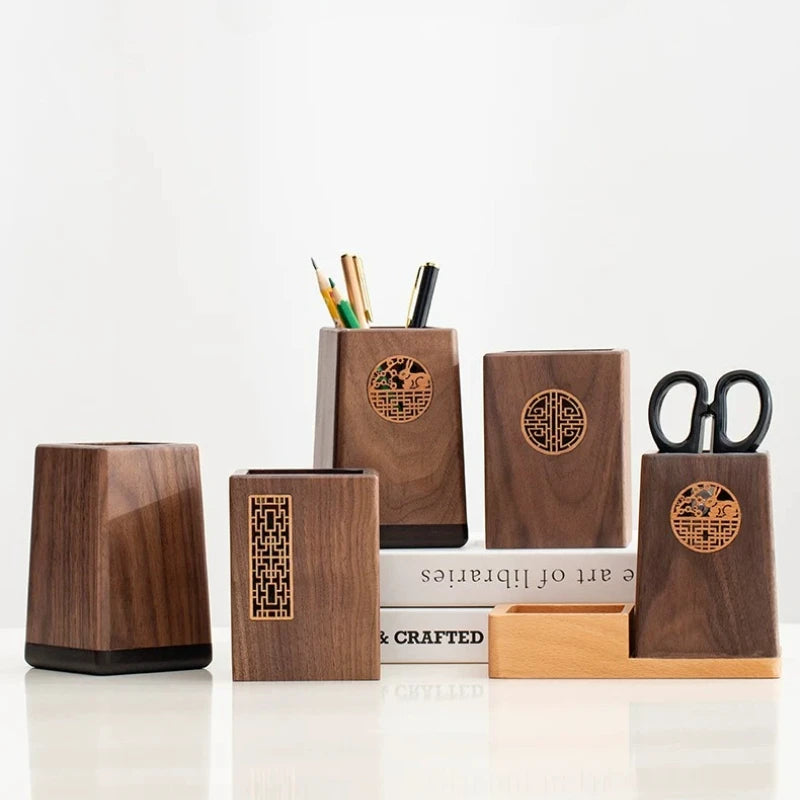Porte-Stylo en Bois Massif Sculpté – Organiseur Bureau Style Chinois, 6 Modèles