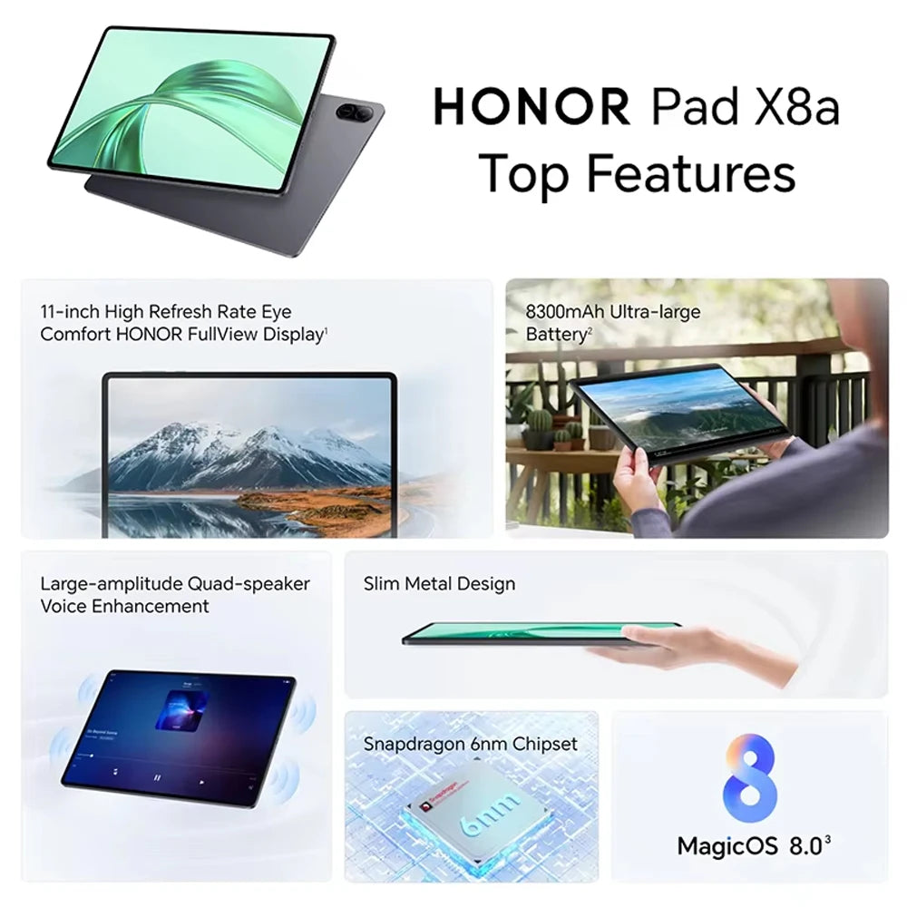 Honor Pad X8a – Tablette 11" 90Hz FHD, Snapdragon 680, Batterie 8300mAh, 4 Haut-parleurs, Version EU