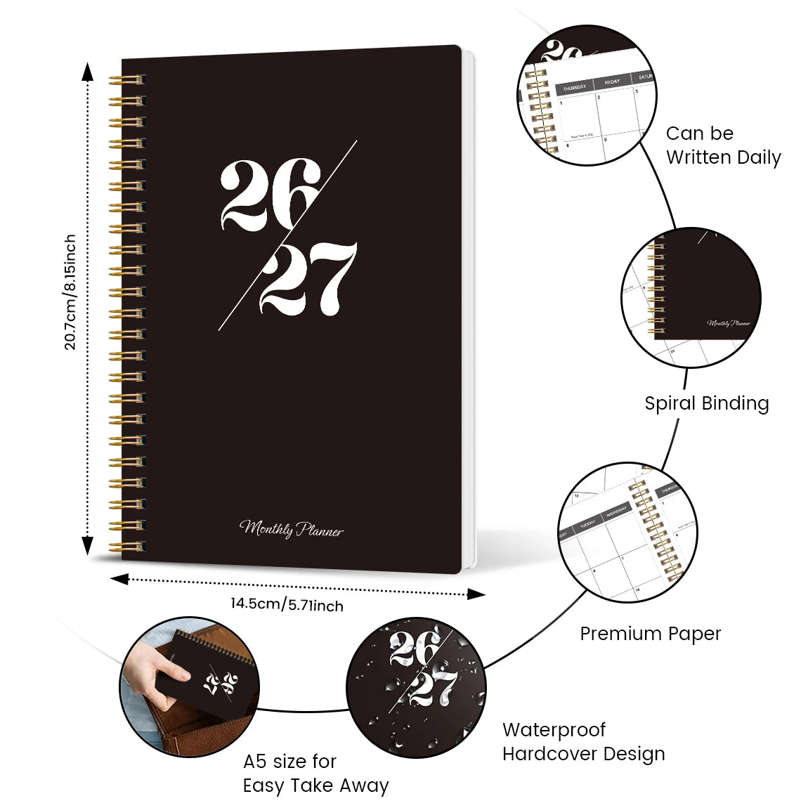 Agenda Mensuel A5 Spiralé 2026-2027 – 24 Mois, Vue Mensuelle & Notes – 2 Coloris