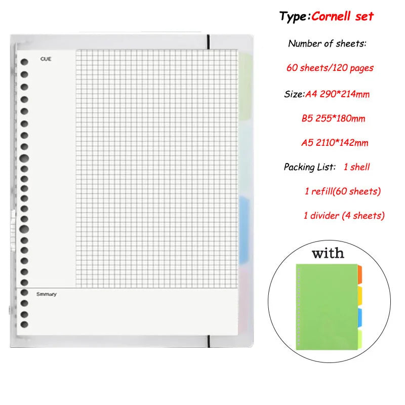 Classeur à Feuilles Mobiles A4, A5 ou B5 – 60 Feuilles – Couverture PVC – Ligné, Quadrillé, Vierge, Cornell & Anglais