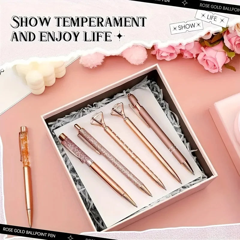 Set de 8 Stylos Bille Rose Doré & Cristal – Métal Élégant, Étudiant, Bureau & Mariage