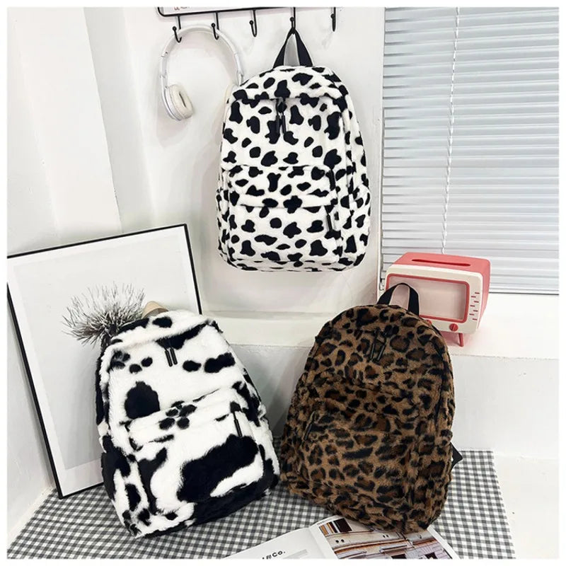 Sac à Dos Moelleux Léopard & Vache – Grande Capacité, Ado & Étudiant, 3 Motifs
