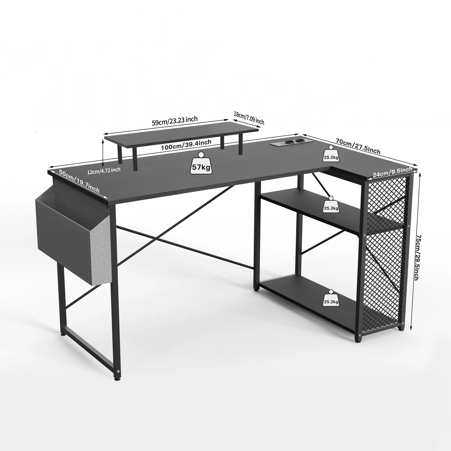 Bureau Gaming en L – Angle, Prise Secteur & USB, Tablette Moniteur, Noir Blanc Marron