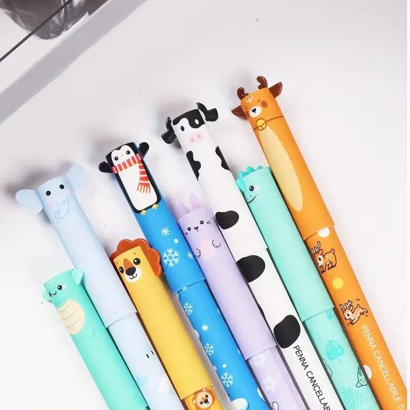 Set de 8 Stylos Gel Effaçables Animaux – Pointe Fine 0,5 mm, Kawaii, Prise de Notes & Écriture