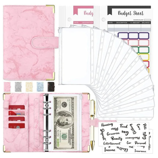 Organiseur Budget A6 en Cuir PU – Design Marbre, Pochettes & Porte-Cartes – Gestion Finances
