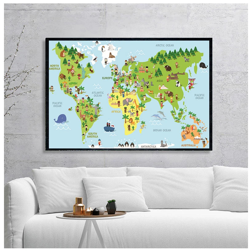 Poster Éducatif Enfant – Carte du Monde & Animaux, Impression Canvas, 14 Tailles, 2 Designs