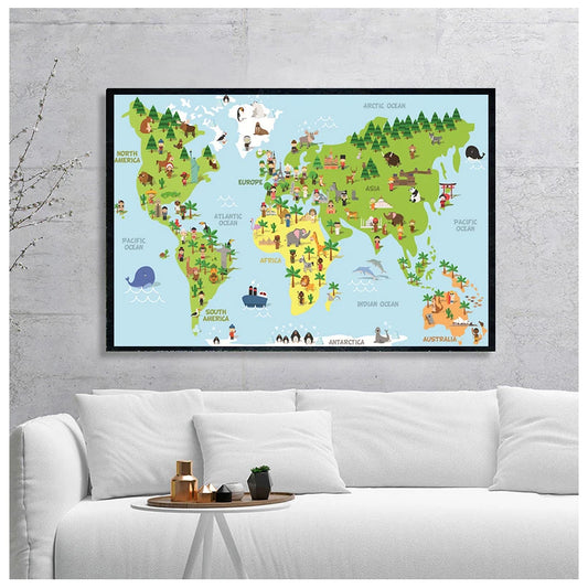 Poster Éducatif Enfant – Carte du Monde & Animaux, Impression Canvas, 14 Tailles, 2 Designs