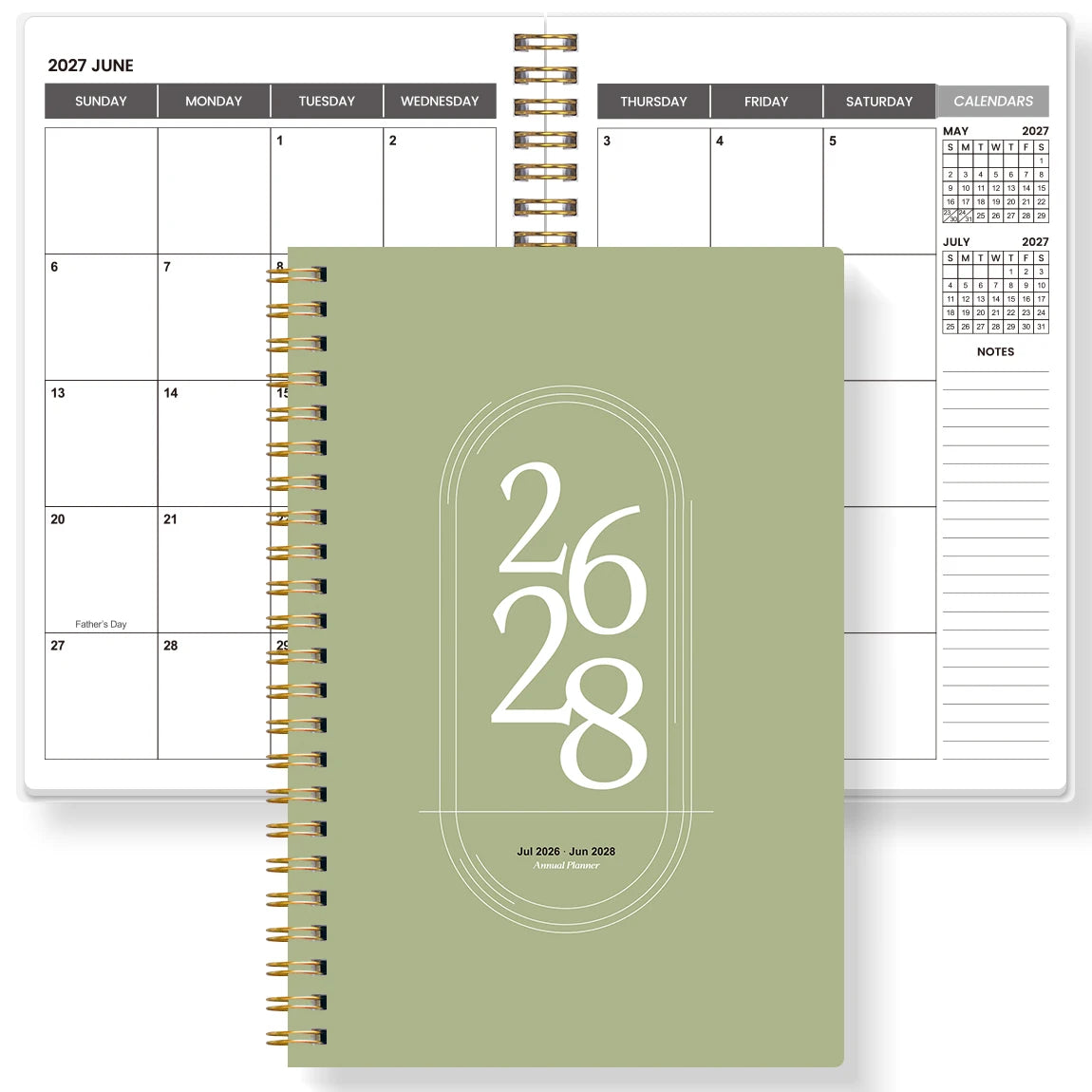 Agenda Planner A5 2026-2027 – Hebdomadaire & Mensuel, Spirale Dorée, 9 Coloris