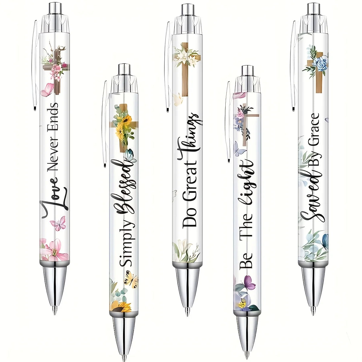 Lot de 5 Stylos Bille – Citations Chrétiennes Inspirantes, Rétractables, Homme & Femme, Bureau