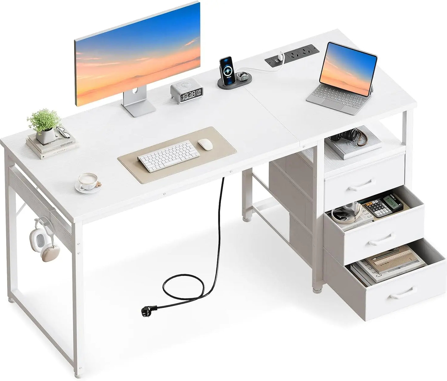 Bureau d'écriture Coleshome avec 3 tiroirs en tissu – Prises USB intégrées, 120x48x75,5 cm