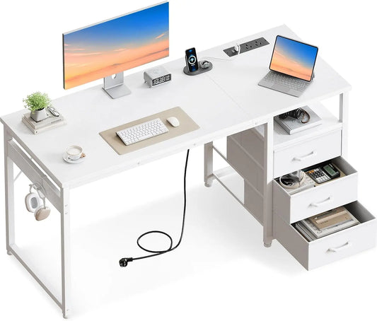 Bureau d'écriture Coleshome avec 3 tiroirs en tissu – Prises USB intégrées, 120x48x75,5 cm