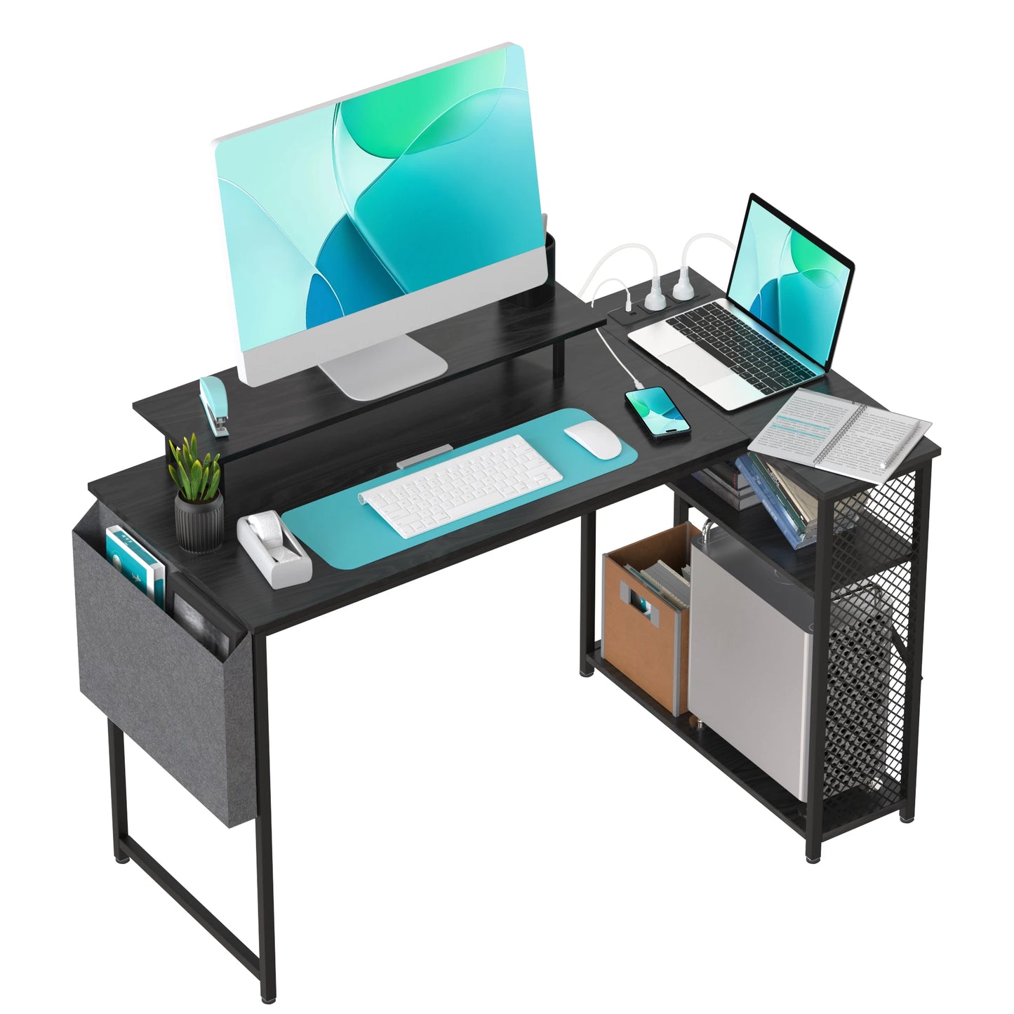 Bureau Gaming en L – Angle, Prise Secteur & USB, Tablette Moniteur, Noir Blanc Marron