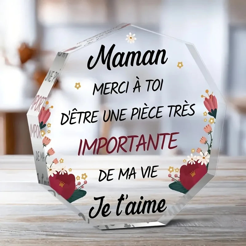 Plaque Acrylique Maman – Cadeau Fête des Mères, Message Gravé du Cœur
