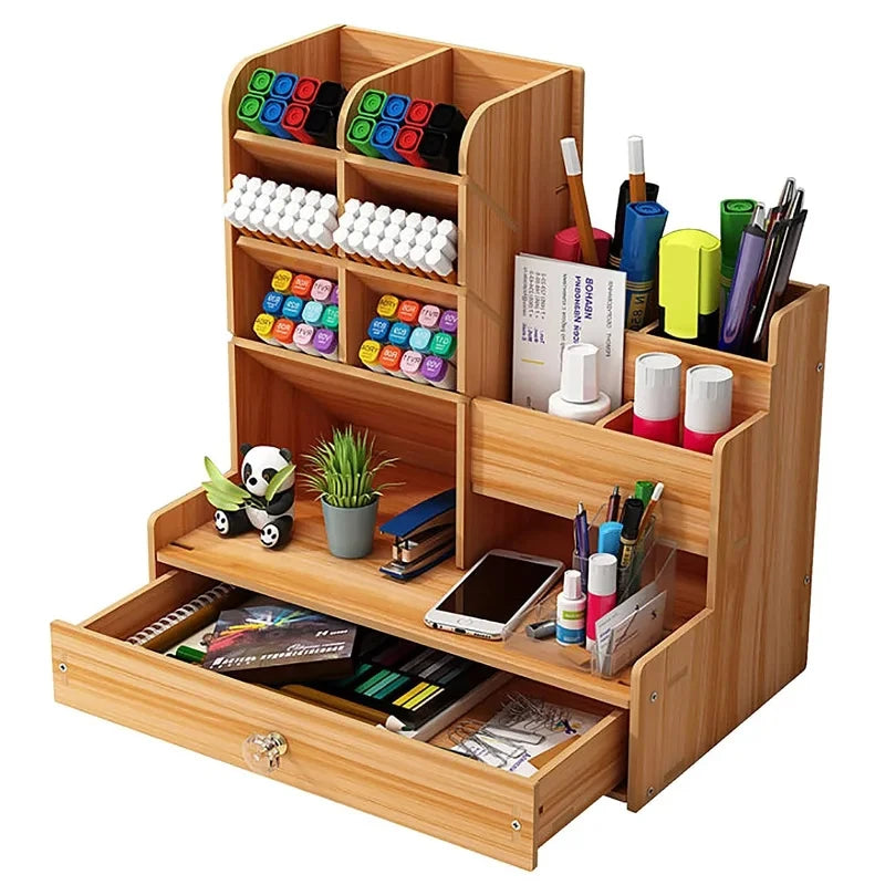 Organiseur de Bureau en Bois DIY – Porte-Stylos avec Tiroir, Grande Capacité, Noir ou Bois de Cerisier